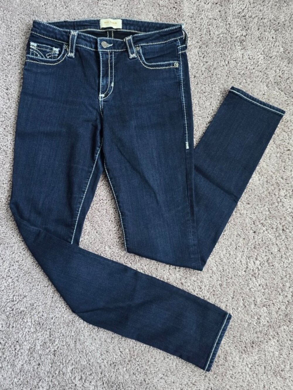 Big Star Maddie Skinny Jeans Womens 31L Dark Wash White Contrast Stitching Long